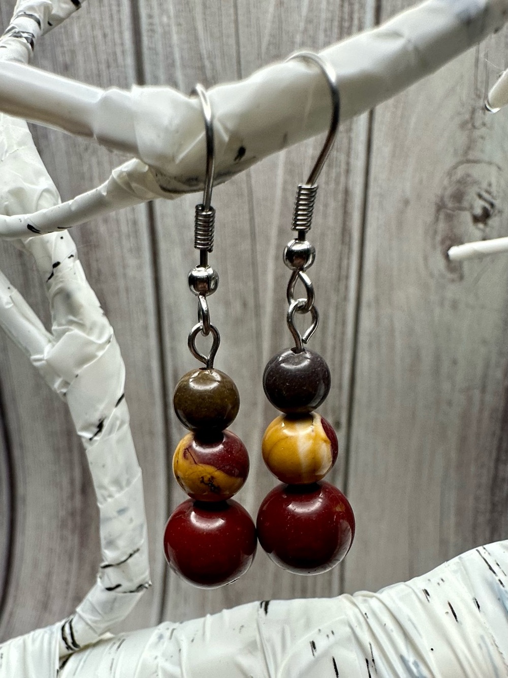 Handmade Mookaite Bead Drop Earrings - Neutral Red, Yellow & Brown